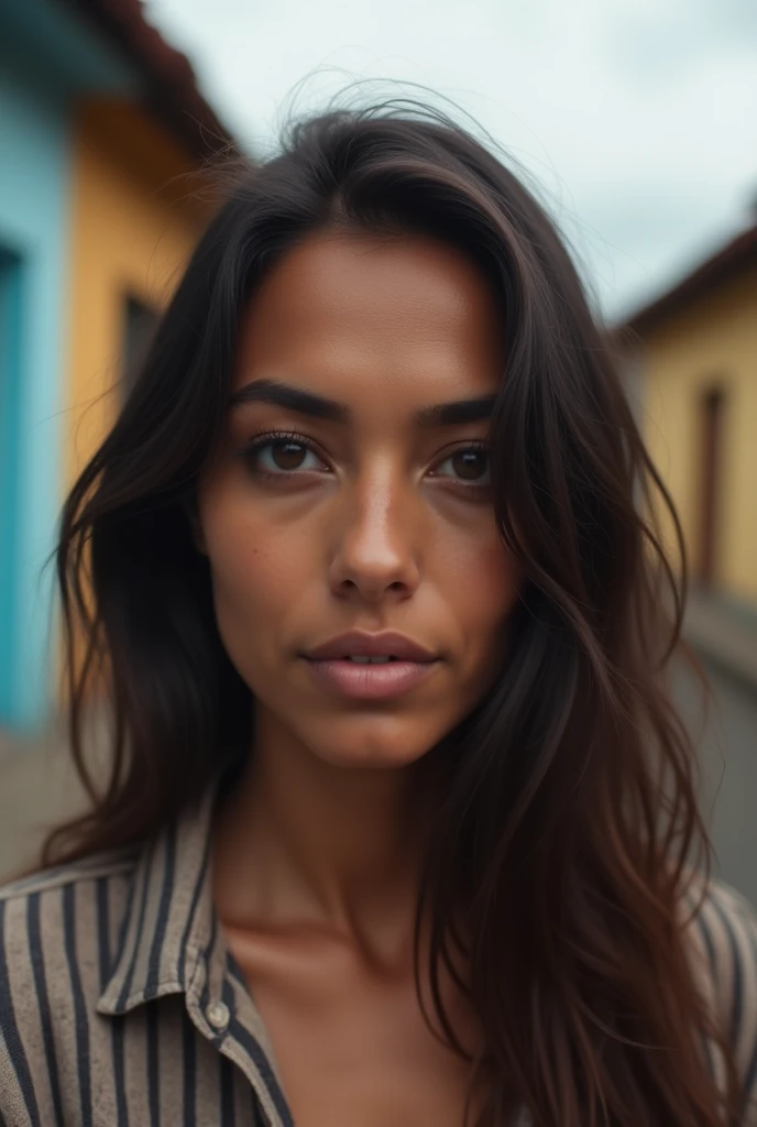Create a realistic 4k style scene of a beautiful 30 year old woman, looking forward, a serious but elegant face, tanned brown skin color, oval face shape, slightly with dark circles and slightly drooping upper eyelid, Wide nose, punta de la nariz slightly drooping, Slightly marked nasolabial folds, thick lips like a black woman, corner of the mouth ,slightly drooping, extremely small natural breasts, height of 167 cm tall, with casual clothes, street in the city of Quito Ecuador, (very detailed skin:1.2), 8k hd, DSLR, Soft lighting, high quality, film grain, Fujifilm XT3