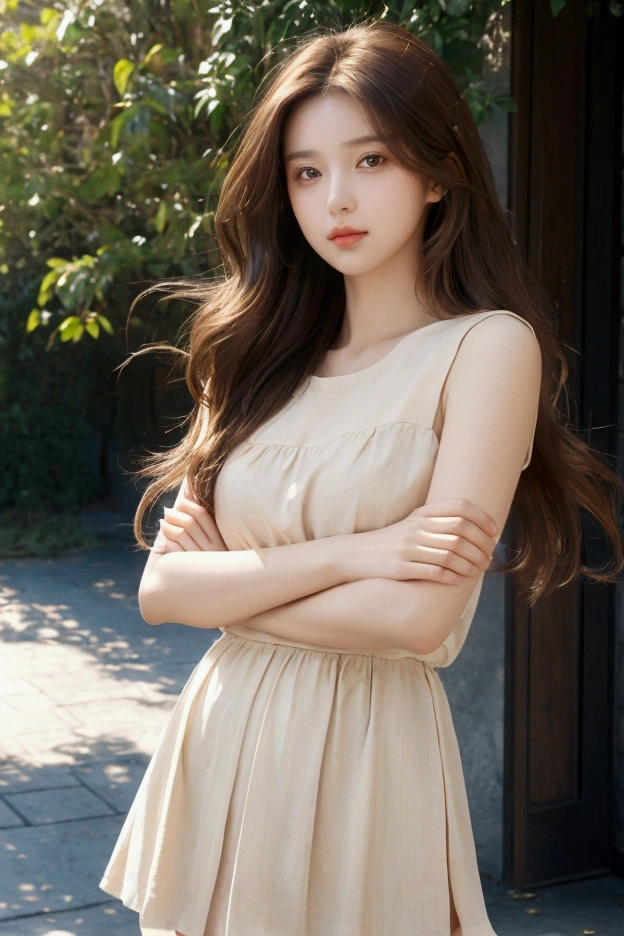 masterpiece, highest quality, high resolution, solo, woman with brown hair, wearing a miniskirt, casual setting, natural makeup, brown eyes, wavy hair falling over her shoulders, playful expression, sunlit scene, austere background, her arms crossed in front of her, a gentle breeze blowing through her hair.