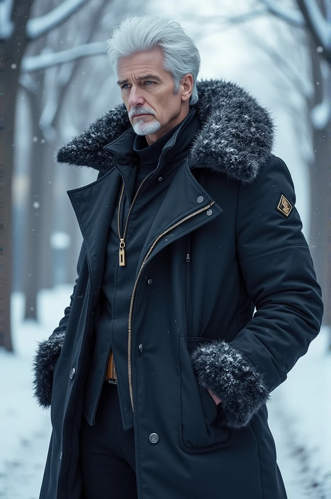Sexy and imposing man of about 39 years old, snow-white skin, grey eyes, White hair, dressed in a stylish winter coat with an anime goatee