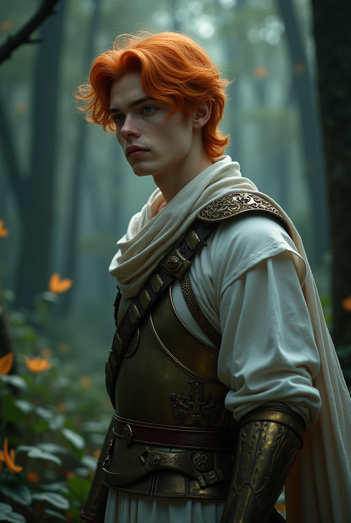 young man, twenty years old. porcelain skin, angelic face. big, shiny eyes, gray like clouds. orange and wavy hair. oval face. straight, small nose. thick lips. defined eyebrows. looking to the side. He wears silk cloth, bronze armor. big cheeks He is in a dark forest.