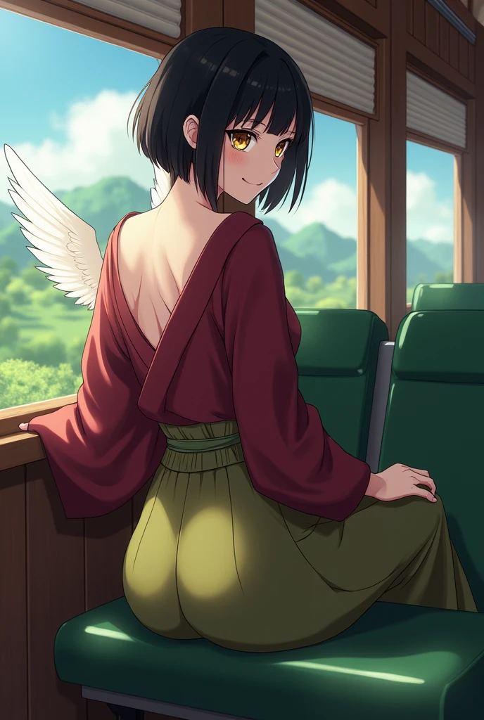 Anime, Japanese, kimono, yellow eyes, black hair, translucent white wings behind, maroon clothes, olive green hakama, female, large breasts "short hair" "Landscape"Olive green seats on the train Wooden walls Smiling