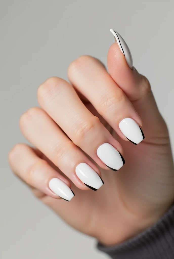 White Gel Nails, 1cm Long, Squoval, decentered black decorative lacquer edging