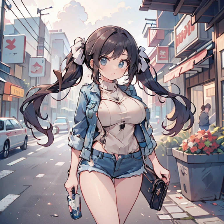Anime Kawaii sexy Perfect Slim sensual body large breast and huge thighs, An intricate and highly detailed illustration of anime (Young girl) ((perfect anatomy, super detailed skin)), 1 girl, japanese, , shiny skin, watching the view,
beautiful hair, beautiful face, beautiful detailed eyes, (long hair:1.4, twintail:1.6), (babyface), large breasts:0.5, seductive arms, seductive thighs,
((sweater, denim shorts, denim jacket)),
(smile), walking,
(beautiful scenery), inside convenience store,
(8k, top-quality, masterpiece, extremely detailed), (photorealistic), beautiful illustration, cinematic lighting,