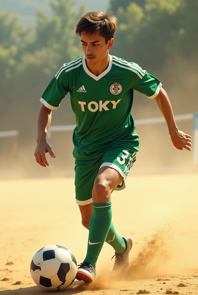 Un jeunne homme de cheveux peu court et de paeu marron avec peut de barbe en haut de levre qui porte un maillot de football vert anomme "TOKY"au dos ,numero 3 au terrain de foot en sable