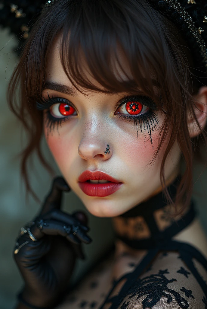 face, Close-up, Close-up shot, brilliant hair, brilliant clothes, brilliant, extremely detailed eyes, extreme details, realistic, cinematic, detailed, masterpiece, 4K, 8 K, , Punks,, FantasyAI_Burple,, in room, Hu Tao (Genshin's influence), Genshin's influence, It has, pupils in the form of symbols, Red eyes, Brown hair, Star-shaped pupils, flower-shaped pupils, bang, black nails, black headdress