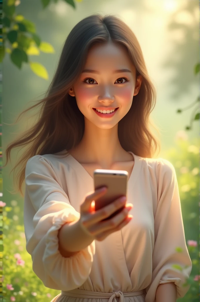 Using the same drawing you did before, draw her holding a phone in her hand.