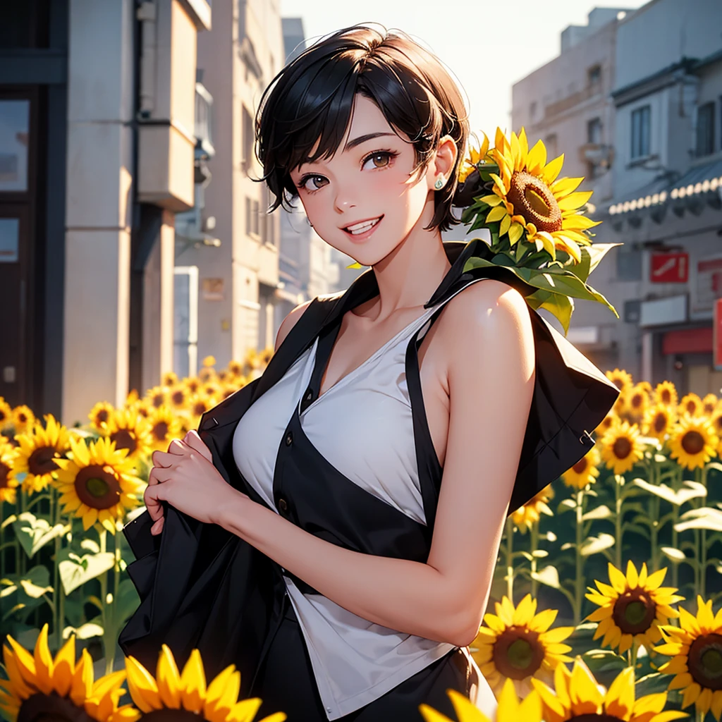 (1girl, Alone, alone), (WakatsukiRisa, Sarada uchiha, black hair, short hair, Black eyes, red glasses), ((Alone, (1woman, pink lipstick, Black eyes), extremely detailed , Soft ambient lighting, 4K, perfect eyes, a perfect face, Perfect Lighting, the 1 girl)), ((fitness, , shapely body, athletic body, toned body)) , ((purple dress, black tights, black bracelets, black gloves, white top, sunflower garden, village, houses, trees, black belt, buckle belt, shy, blushing, busty))