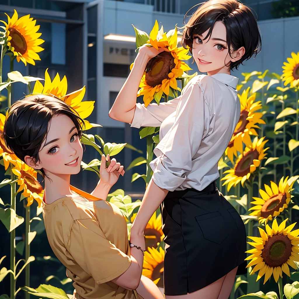 Full of energy、She looks good with sunflowers.
Short haircut for a woman in her 30s, High resolution, Smiling with teeth showing, Character profile, Background blur, 