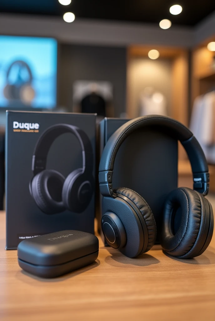 A photo with several wireless headphones in a store showing the name of the varieties 'Duque' in Spanish