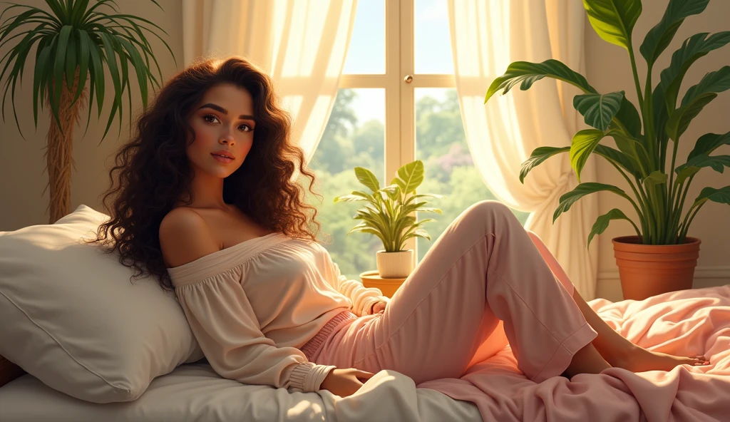 (photorealism:1.2), beautiful woman, sitting on bed, wearing loose off-shoulder top, pajama pants, long curly hair, indoors, soft lighting, plants in background, window with sunlight, cozy room, relaxed pose, realistic, intricate details, warm colors, by Greg Rutkowski, by Alphonse Mucha