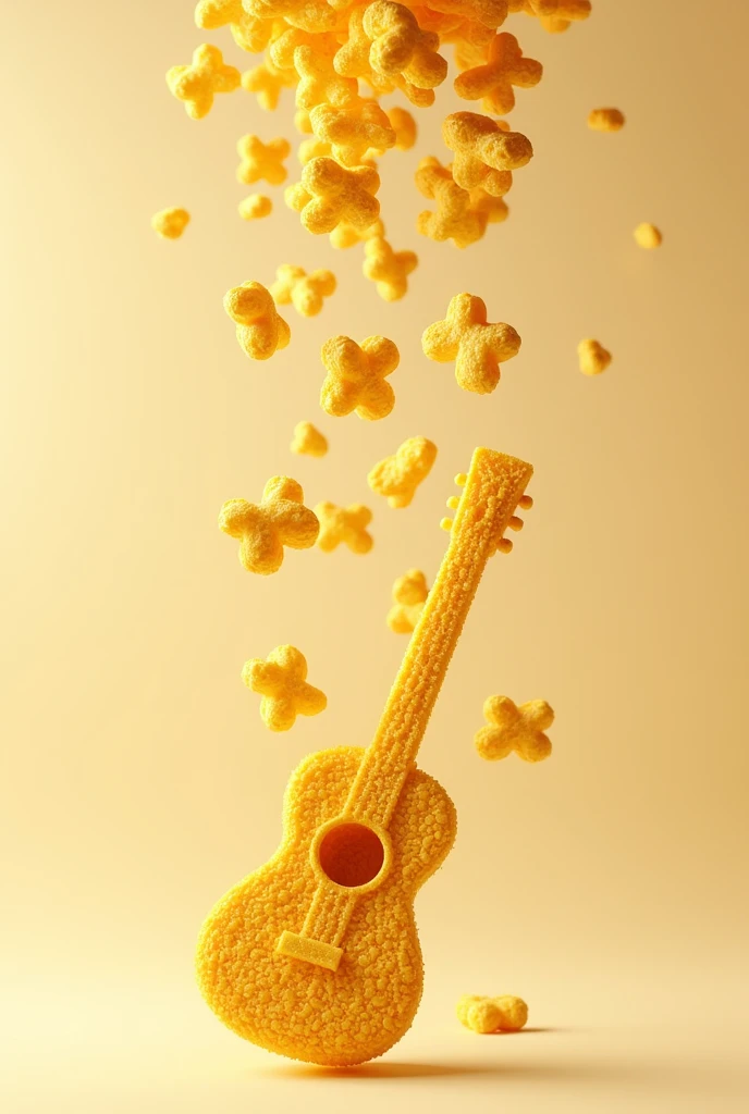 Corn flakes units shaped like guitars falling to the floor