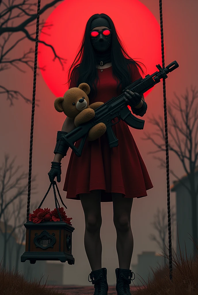 F.E.A.R. operative, black tactical balaclava, red googles, tall, has smg, holds children music box, looks at red sky, sitting on the swings with tall black hair and red dress holds plushie bear.