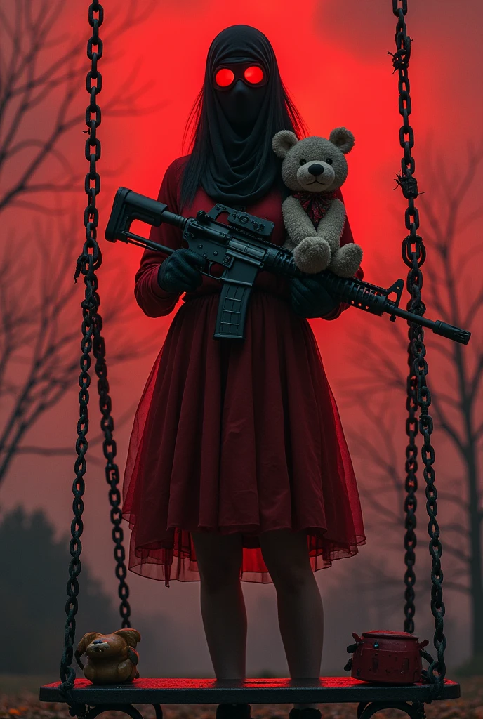 F.E.A.R. operative, black tactical balaclava, red googles, tall, has smg, holds children music box, looks at red sky,  sitting on the swings with tall black hair and red dress holds plushie bear.