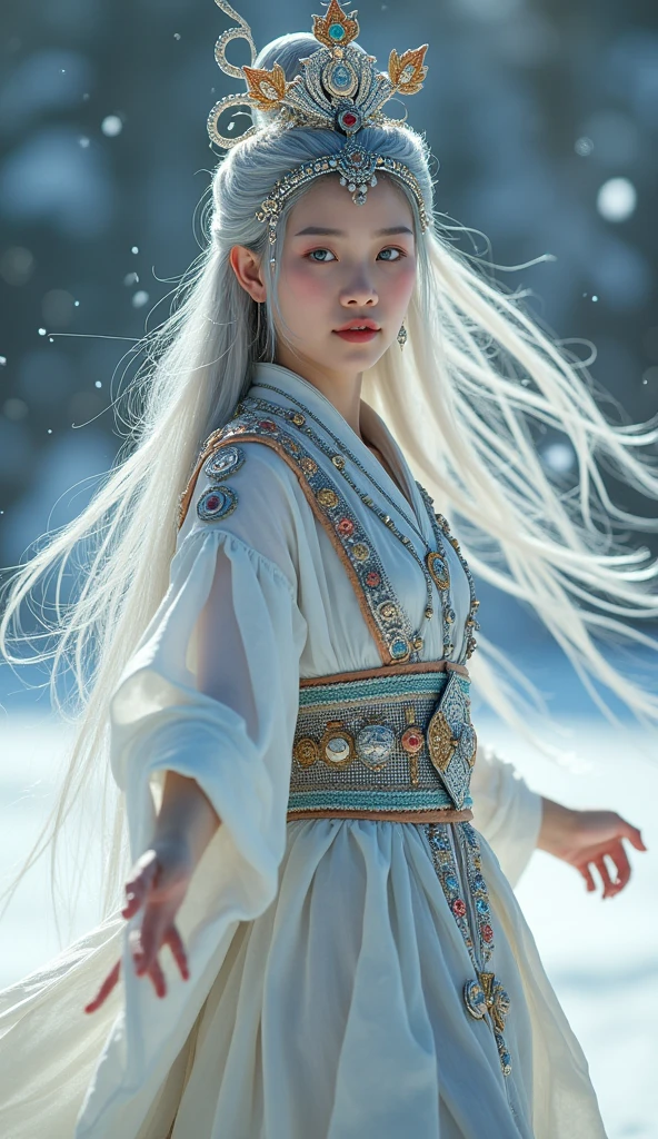 The best texture, high quality, Ultra HD, 8k, Full body photo, Panoramic Photos, snow, flying snowflakes, dancing in the snow, , Full of Miao silver jewelry, Miao clothing, Crown of the Silver Phoenix, Melon seed face, Highly detailed face, blue eyes, Long eyebrows, Fair skin, Silver long hair, Long flowing hair, Rising with the wind, snowflake colorful gifts, Realistic, Very detailed, Attention to detail, Ultra Clear,