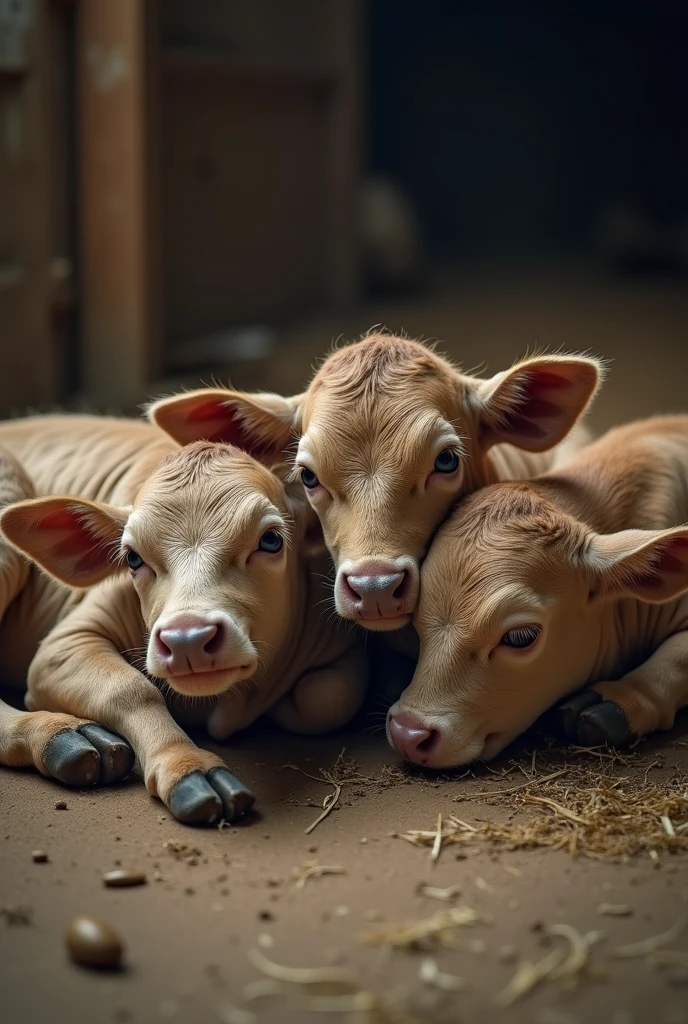 Three sick calf pic sitting on floor