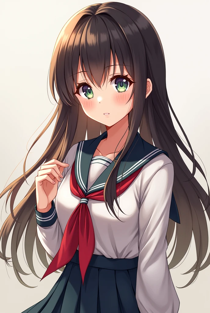 Generate a female anime character with long black,brown stright hairs and verd dark and deep dark purple eye colour wearing japanese uniform
(Full body & smiling face,less detailing)