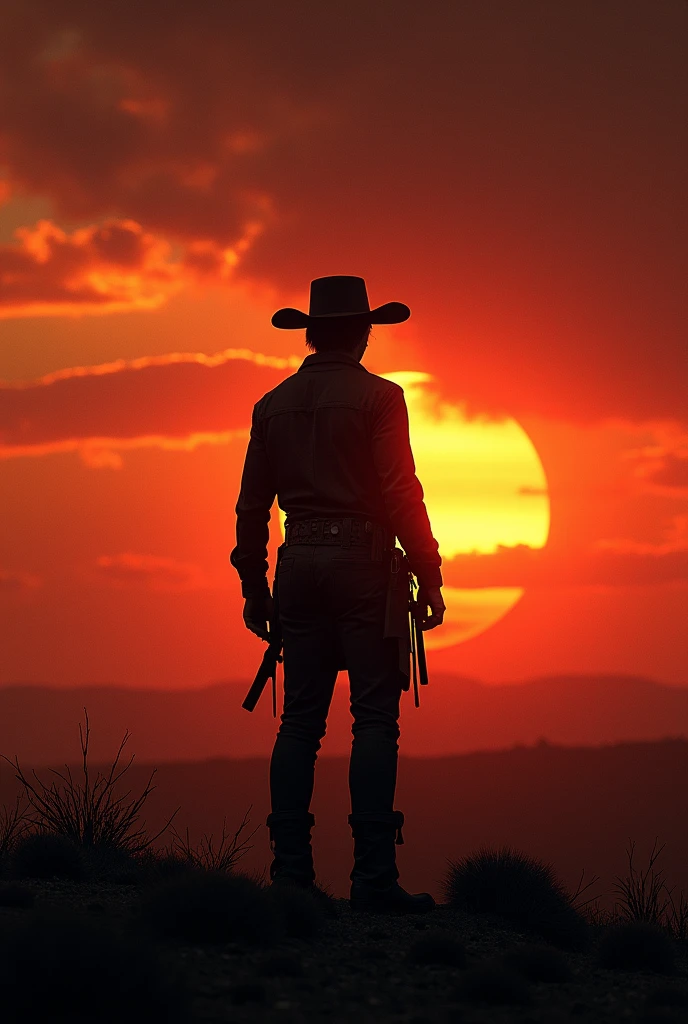 ((Best Quality)), ((masterpiece)), (detailed), Sunset background in the old west (apocalyptic), the silhouette of a cowboy in the middle with a wide-brimmed hat, with short hair, lugubrious, dark clothing,