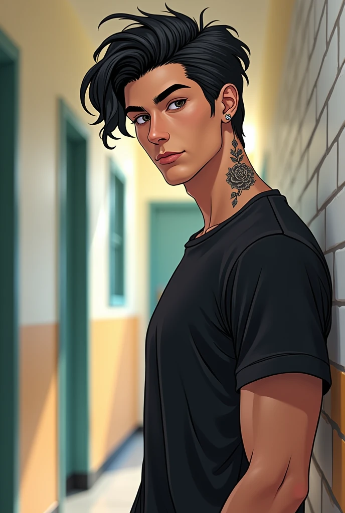 An American young man drawing from the waist up, In the hallway of an American school, of silky black straight short hair, modern updo, very black eyes and long dark eyelashes, Curvilinear. A mischievous smile on his face, but playfully. straight snub nose, well-marked jaw, Caucasian skin, but with a slight tan under his eyes and nose. thin lips and oval face. Tem um piercing labret, right side. a tattoo on the side of his neck of a black and white rose. athletic and defined body. suntanned, square waist. He wears a black Calvin Klein t-shirt.