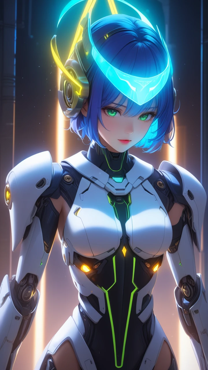 light particles, halo, (bioluminescent:0.95), bioluminescent, piercing glare, vibrant, (((colourful))), color, (glowing, glow), reflection light, depth of field, from behind, multiple views, delicated best quality, (((masterpiece))), ((best quality)), ((ultra-detailed)), (CG illustration), (an extremely devious and beautiful)), cinematic light, ((1 mechanical girl)), (white, blue hair), (short hair), (green eyes), (purple lips), (absurdly large silver robe), single, full, mechanical halo,star halo,intricate mechanical bodysuit, mecha corset, (full armor: yalow and white), (machine-made joints: 1.4), ((mechanical limbs)), ( blood vessels attached to the tube), ((mechanical spine attached to the back)), ((mechanical cervical vertebrae attached to the neck), ((combat stance)), expressionless, (wires and cables attached to the head and body: 1.5), (character focus), science fiction, apocalypse, glow, (full shoot body:1.1), looking at viewer