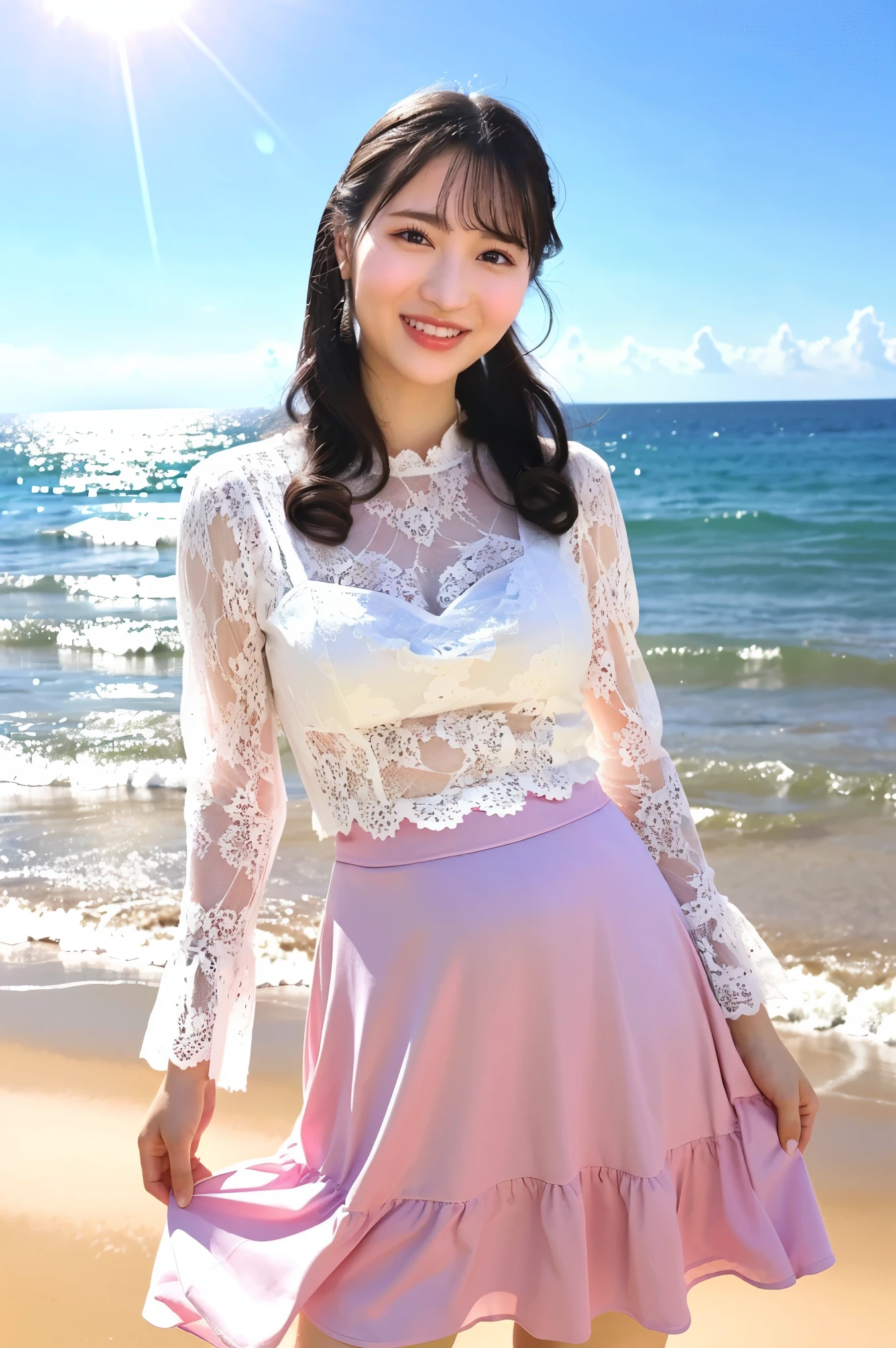 (Highest quality、masterpiece、8k、Best image quality、Hyperrealism、Award-winning works)、1 pregnant woman、(nose:1.2)、(White shirt with elegant lace and frills:1.2)、(Light pink long flare skirt, transparent, Light berry pattern.:1.3)、(The most natural slight pregnancy bump:1.1)、Large Breasts、(Beautiful Hiroshi々とした滑らかな砂浜にStanding Elegantly:1.2)、(Beautiful and mysterious beach background:1.4)、Beautiful surf edge、(Beautiful sunny sky:1.1)、(Beautiful thunderclouds:1.1)、(Standing Elegantly:1.1)、Look at me with your best smile、Accurate anatomy、Perfect Makeup、Long eyelashes、Glossy Lips、Ultra HD glossy skin、(Ultra-high resolution, bright and beautiful skin:1.2)、(very bright and vivid:1.3)、超高精細のGlossy Lips、Ultra-high resolution beautiful teeth、(Very bright and vivid:1.1)