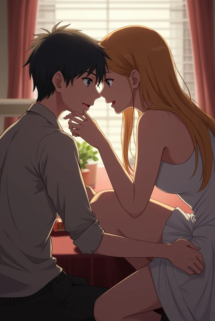 (best quality,highres),1 boy, 1 girl, boy and girl having intercourse on a table, fucking, girl with bent knee, skirt lifted up, sex missionary position, I'm observing from the side, detailed facial expressions, intense gaze from the boy, passionate embrace, sensual atmosphere, soft lighting, artistic rendering, vibrant colors.