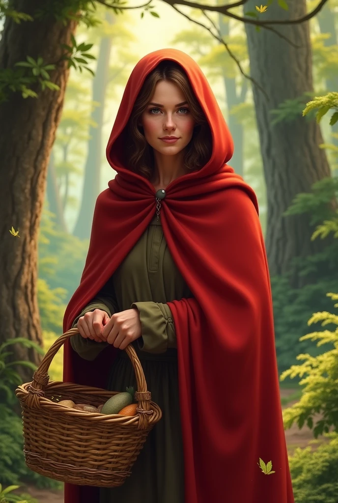 mom with a red riding hood with a basket