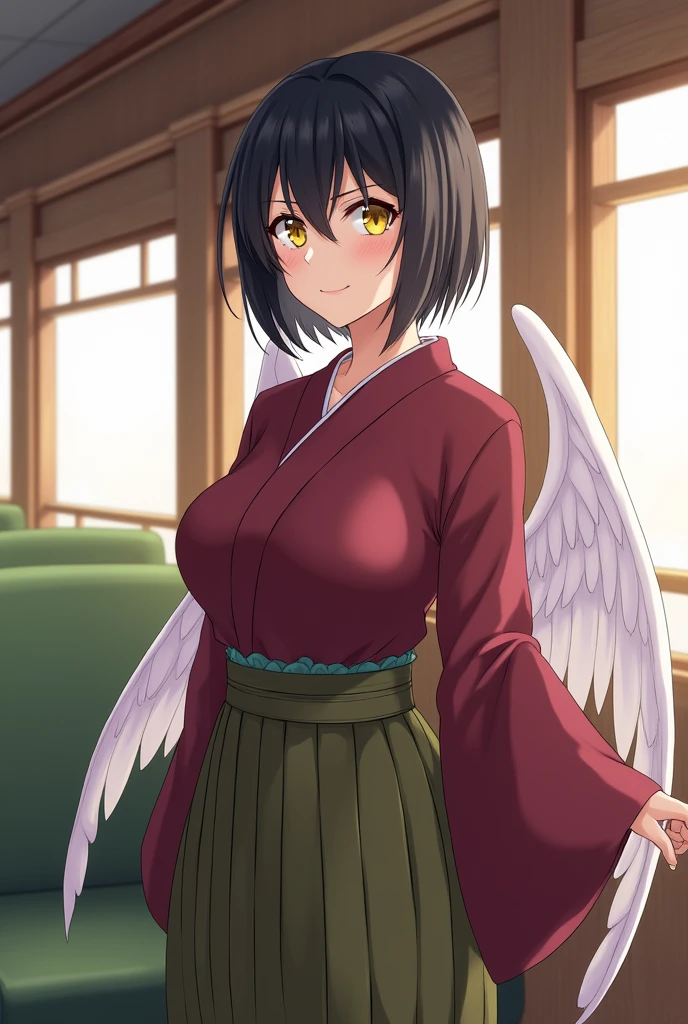 Anime, Japanese, kimono, yellow eyes, black hair, translucent white wings behind, maroon clothes, olive green hakama, female, large breasts "short hair" "Landscape"Olive green seats on the train Wooden walls Smiling