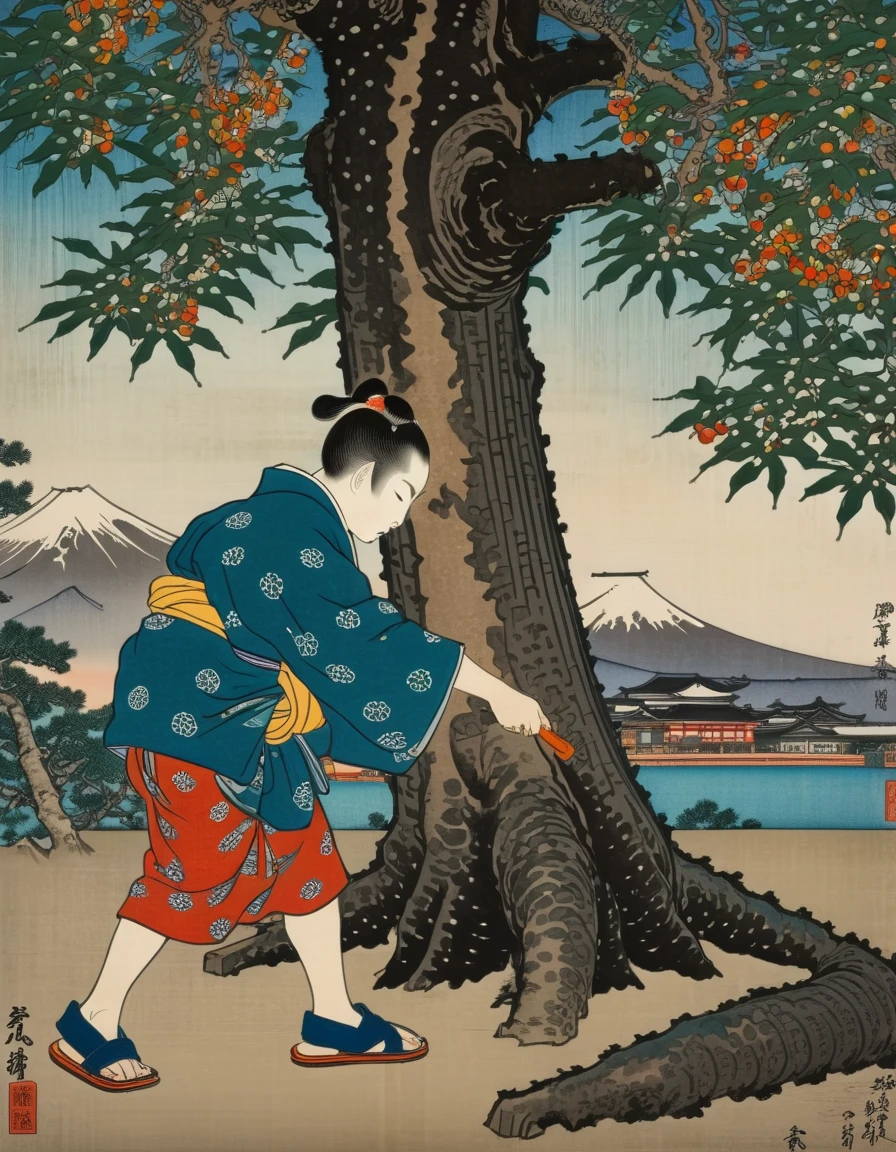 (Super detailed: 1.23, highest quality, high resolution, woodblock print, colorful multicolor printing, Ukiyo-e Art), 1 boy bending down to pick up a fallen chestnut, hair tied in a knot, short kimono, sandals, ((exaggerated and boldly deformed the trunk and branches of the chestnut tree with a pick-up figure)), background of the lake and Mt. Fuji, masterpiece