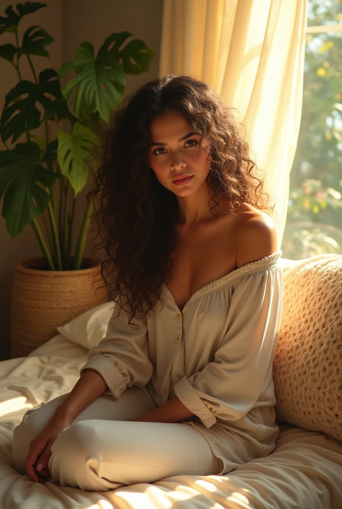 (photorealism:1.2), beautiful woman, sitting on bed, wearing loose off-shoulder top, pajama pants, long curly hair, indoors, soft lighting, plants in background, window with sunlight, cozy room, relaxed pose, realistic, intricate details, warm colors, by Greg Rutkowski, by Alphonse Mucha