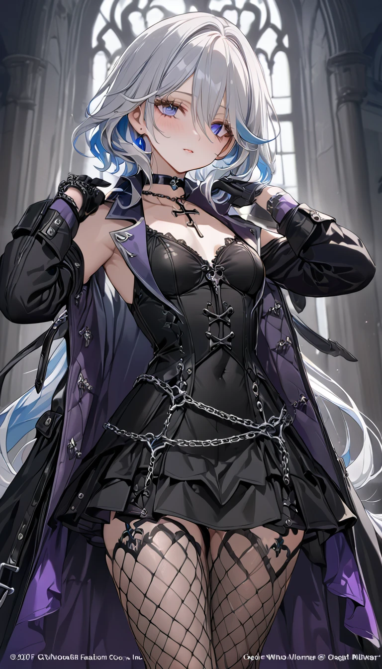 sovetsky_Soyuz, iridescent blue eyes, long black and purple hair, earrings, necklace, gothic style, webbed belt, tactical, pouches, chains, black maid outfit, black apron, weapon Holster, webbed belt, tactical, pouches, frilly skirt, metal gloves, black thigh highs, Long eyelashes, eye shadow, first rate breasts, large breasts, ominous vibe, expressionless, stoic, purple light glow, purple fire, shadowy, Ultra quality, UHD, high detail, anime aesthetic, Anime screenshot, Ultra quality, UHD, high detail