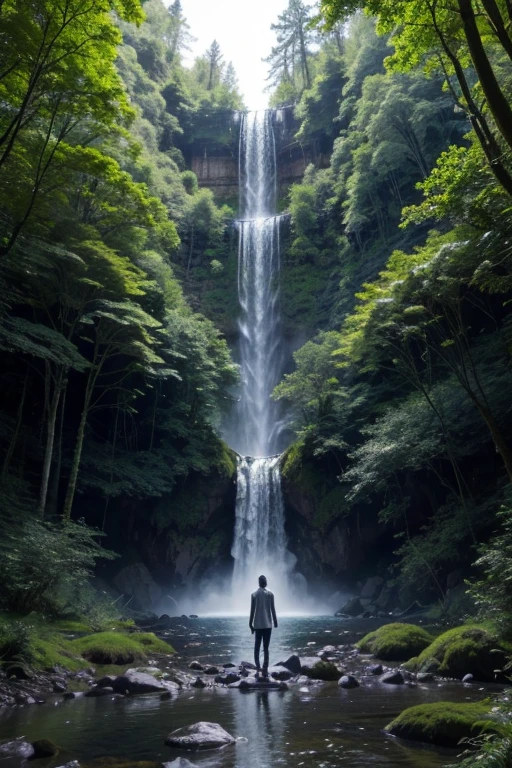 A mystical being that lives in a forest, with huge trees and lots of undergrowth, near a river that has a dark and brilliant waterfall that reflects the trees. The mystical and tall being