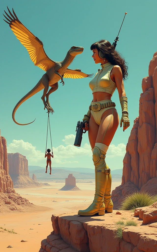 A captivating 1970s sci-fi illustration featuring a spacewoman standing on a rocky cliff, her laser gun hand dangling by her side. She is dressed in a futuristic outfit with a helmet adorned with a distinctive antenna. Behind her, a breathtaking view of an alien planet with a vast, barren landscape. The horizon reveals a dinosaur-like creature soaring through the sky, snatching a small human figure with its claw. The atmosphere exudes an otherworldly and retro charm, with a blend of vibrant colors and bold lines.