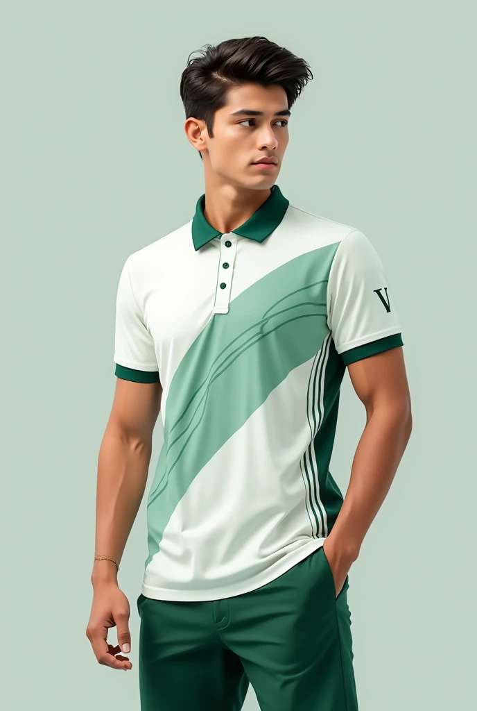 White and green short-sleeved polo shirt with a pocket and curved line design on the sides