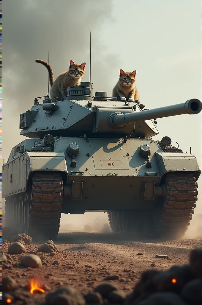 Make a giant tank with several cat soldiers on a battlefield with many defeated enemies, no tank will be written "WM4" Na parte da frente
