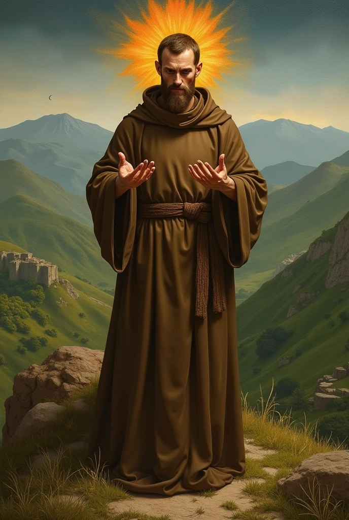 Saint Francis of Assisi in a friar's robe; Showing the wounds on his hand; On the top of a green mountain; On his head embers of fire; The image should resemble the style of Giotto.