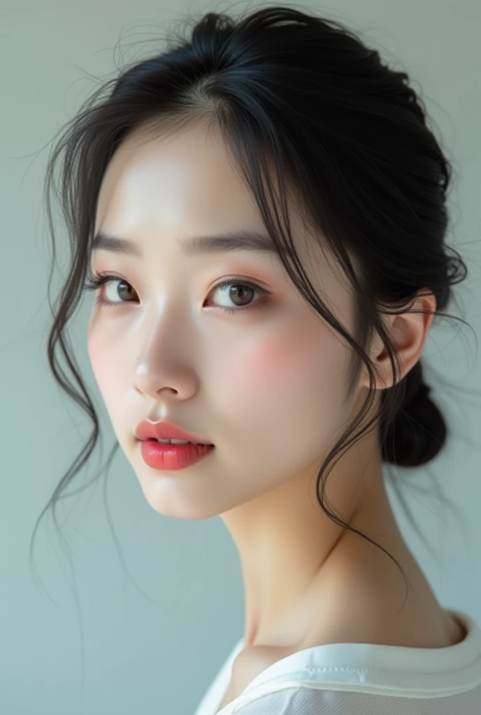 Photo portrait ultra réaliste femme asiatique 4K, yeux en amande, visage long, front voyant, nez fin long, bouche, lèvre légèrement rouge, sourcils fins