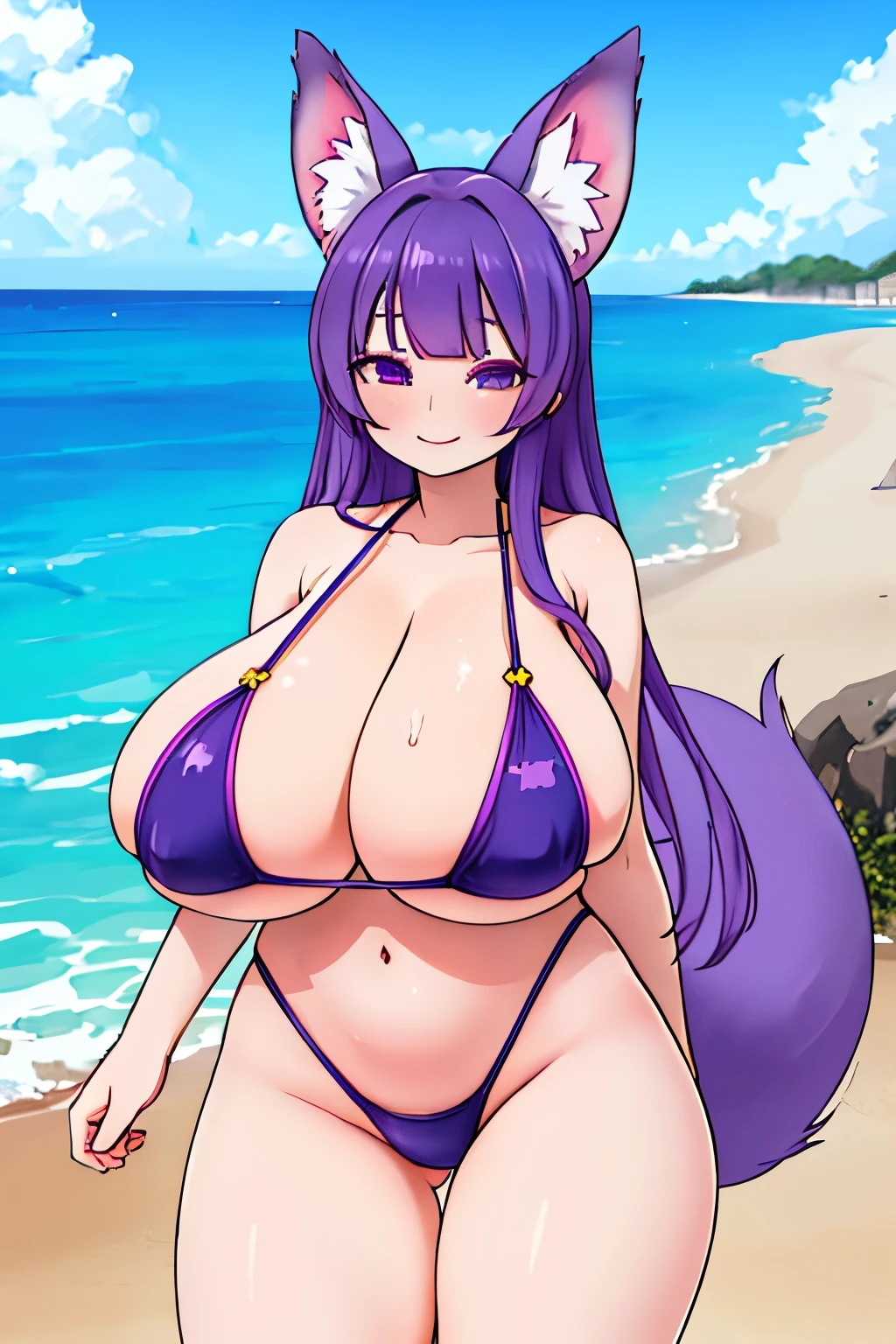 anime girls, MangaHentaiStyleConceptv2, albino_style, badhandv4,
(masterpiece, highest quality, 8K ultra-high resolution:1.4), gleaming skin, beautiful detailed eyes, ultra-detailed, cowboy shot
(solo:1.2), sexy, erotic, mature, adult, milf, facing viewer,
looking at viewer,
fox ears, fox tail, purple hair,
Super Strong Super Huge gigantic sagging breasts, wide hips, big butts, thick thighs, bikini, swimsuit, bare legs, beach
smile, horny, sweat, nervous, closed mouth,