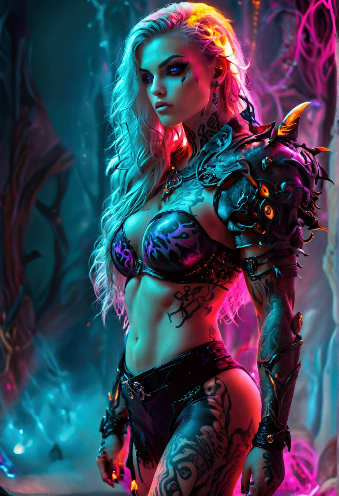 Create a hyper detailed photograph of a tattooed muscular young sexy female deathknight, Stunningly perfect gorgeous feminine face, perfect makeup, detailed vibrant neon eyes, long flowing hair, big beautiful muscular legs, big beautiful muscular arms, perfect hour glass body figure, detailed smooth skin, large breast, perfect round ass, complete full body view,