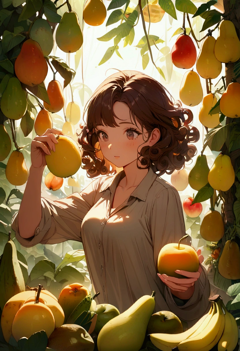 Brown-skinned brunette, curly hair (not just wavy), long and stuck. This woman is choosing between mango fruits, Papaya, pear, banana and apple. 