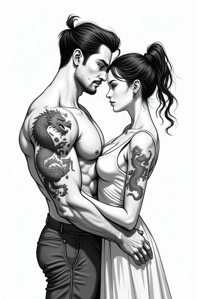 A black and white drawing, easy to replicate by drawing, of a couple where the man is strong, handsome and has a dragon tattoo on his right hand and the woman is short and cute.