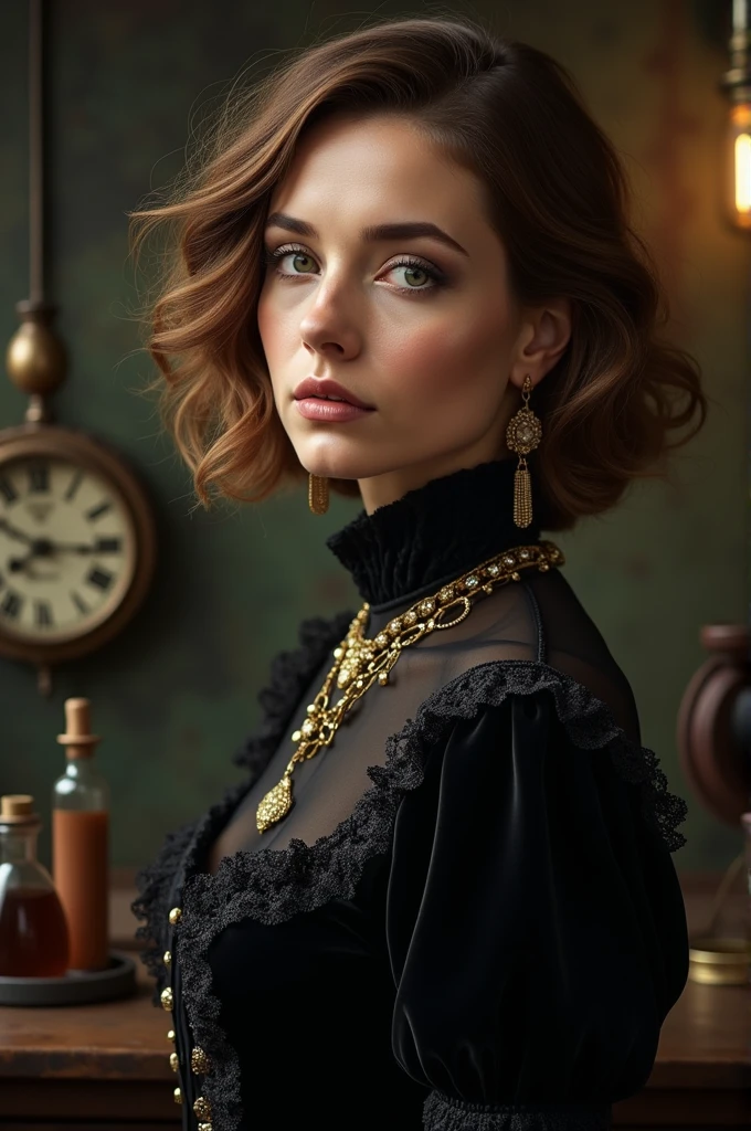 Victorian woman, middle-aged woman, midsize woman, green eyes, light brown hair, bobcut, weavy hair, gold jewellery, lots of jewellery, eyebags, tired face, round face, full lips, black victorian dress, turtleneck dress, rich dress, alchemy laboratory 