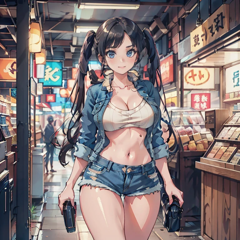Anime Kawaii sexy Perfect Slim sensual body large breast and huge thighs, An intricate and highly detailed illustration of anime (Young girl) ((perfect anatomy, super detailed skin)), 1 girl, japanese, , shiny skin, watching the view,
beautiful hair, beautiful face, beautiful detailed eyes, (long hair:1.4, twintail:1.6), (babyface), large breasts:0.5, seductive arms, seductive thighs,
((sweater, denim shorts, denim jacket)),
(smile), walking,
(beautiful scenery), inside convenience store,
(8k, top-quality, masterpiece, extremely detailed), (photorealistic), beautiful illustration, cinematic lighting,