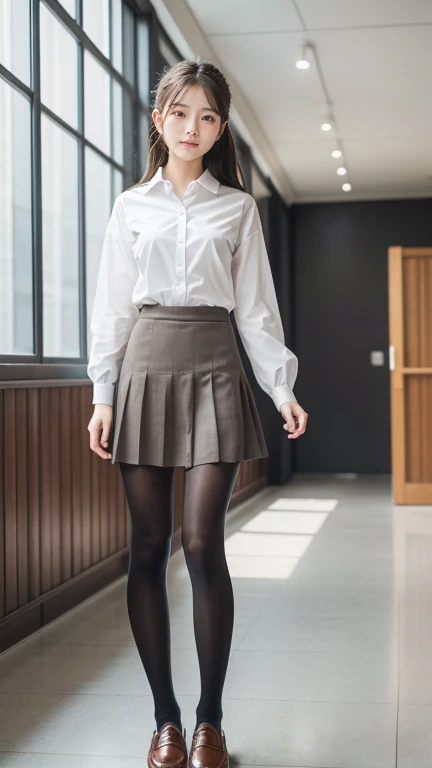 Great quality、8k、flying debris、(RAW Photos:1.4)、High resolution、((Composition away from the subject))、((Full body photo from face to ankles))、((Perfect Anatomy))、1 female 、Small stature、Detailed skin、Glowing Skin、Baby Face、double eyelid、eyes with long eyelashes、Small face、smile、Open your mouth、Staring out the window in the school hallway、Stretch your back、The windows provide natural light、Realistic school scenery、Middle School Girl、Slender and delicate body、Small breasts、White shirt、 、Check skirt、healthy、young woman、black tights、black tights、Brown loafers、loafers、Full Body Shot、Beautiful Hairstyles、Accentuates very slim legs