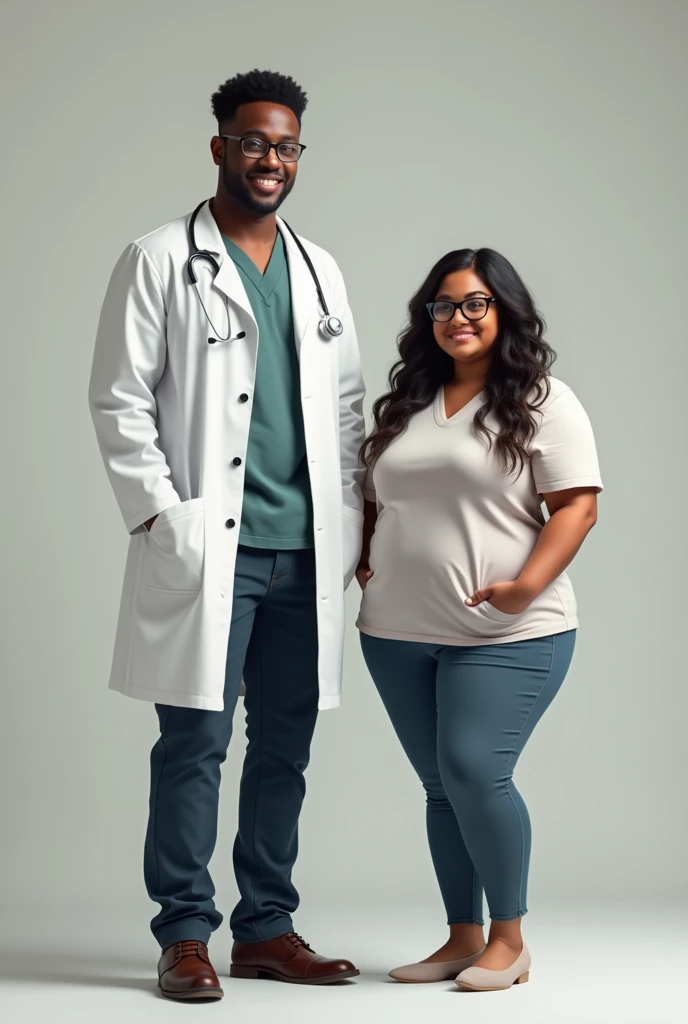 Make a photo of a tall and dark male doctor with a short female teacher with chubby body,natural skin tone and wearing spectacles
