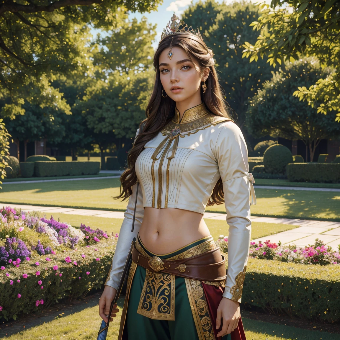 (Masterpiece artwork, best qualityer:1.5), highest quallity, high resolution, super verbose, realistic, Full body photo of a 22-year-old brunette warrior, with a crown on her head, detailed and beautiful eyes, beautiful detailed lips, very detailed eyes and face, long eyelashes, 22-year-old warrior in noble armor with long pants, Beautiful and colorful makeup, Bow and arrow guides, Gardens as a backdrop, soft daylight, shiny colors, fine brush strokes, Estilo Retrato, beautiful color palette, shining skin, First class rendering, that captures every detail, charming atmosphere, subtle shadows and lights, (Perfect Anatomia:1.2), (The dazzling 22-year-old archer warrior. (magnificent panorama view:1.2)