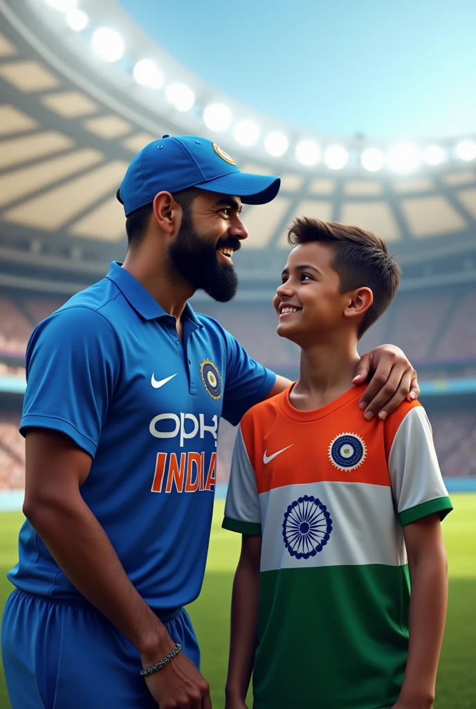 Virat Kohli and a  age 20 years fan boy taking photos in stadium with Indian jersey