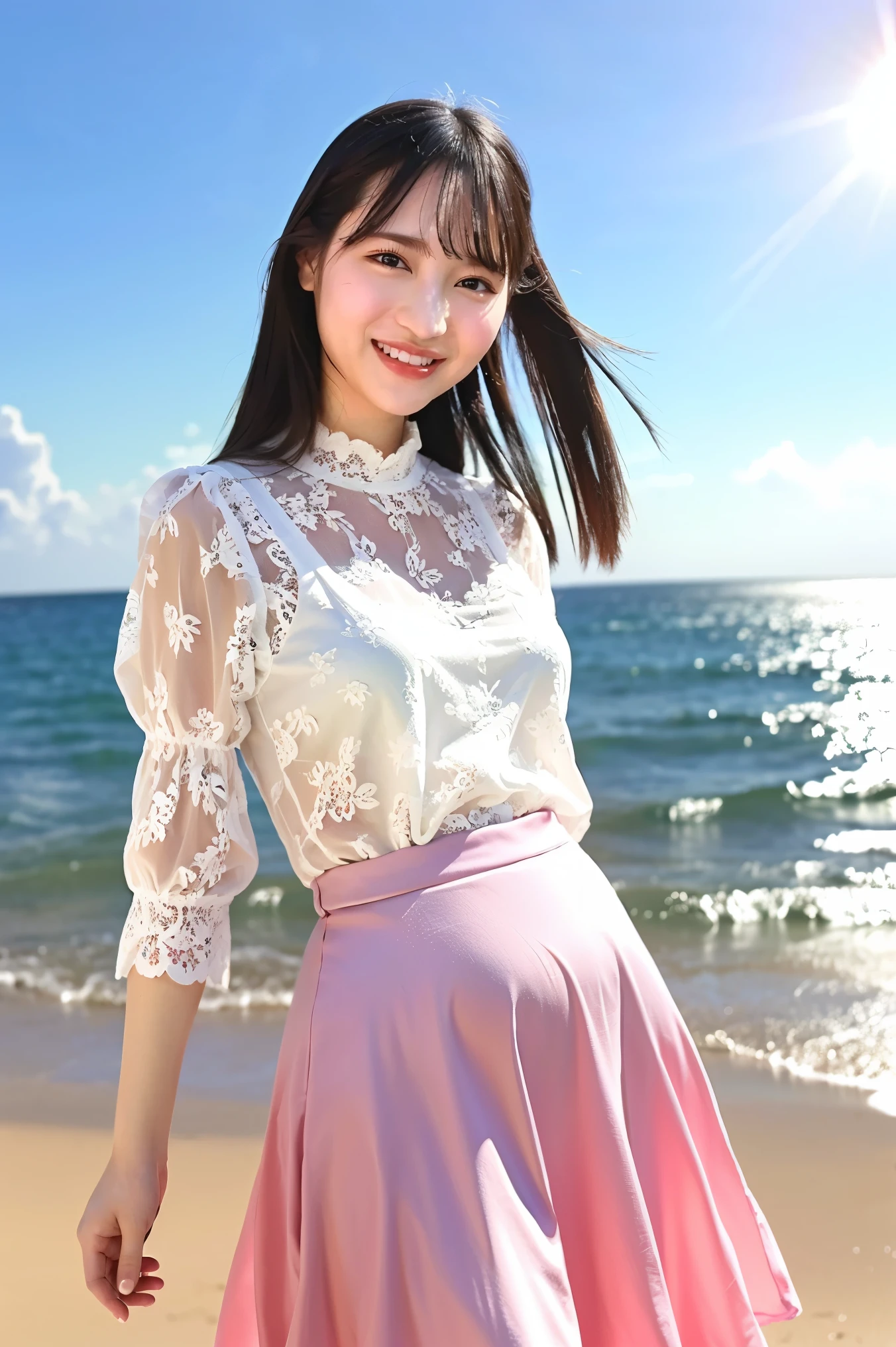 (Highest quality、masterpiece、8k、Best image quality、Hyperrealism、Award-winning works)、1 pregnant woman、(nose:1.2)、(White shirt with elegant lace and frills:1.2)、(Light pink long flare skirt, transparent, Light berry pattern.:1.3)、(The most natural slight pregnancy bump:1.1)、Large Breasts、(Beautiful Hiroshi々とした滑らかな砂浜にStanding Elegantly:1.2)、(Beautiful and mysterious beach background:1.4)、Beautiful surf edge、(Beautiful sunny sky:1.1)、(Beautiful thunderclouds:1.1)、(Standing Elegantly:1.1)、Look at me with your best smile、Accurate anatomy、Perfect Makeup、Long eyelashes、Glossy Lips、Ultra HD glossy skin、(Ultra-high resolution, bright and beautiful skin:1.2)、(very bright and vivid:1.3)、超高精細のGlossy Lips、Ultra-high resolution beautiful teeth、(Very bright and vivid:1.1)