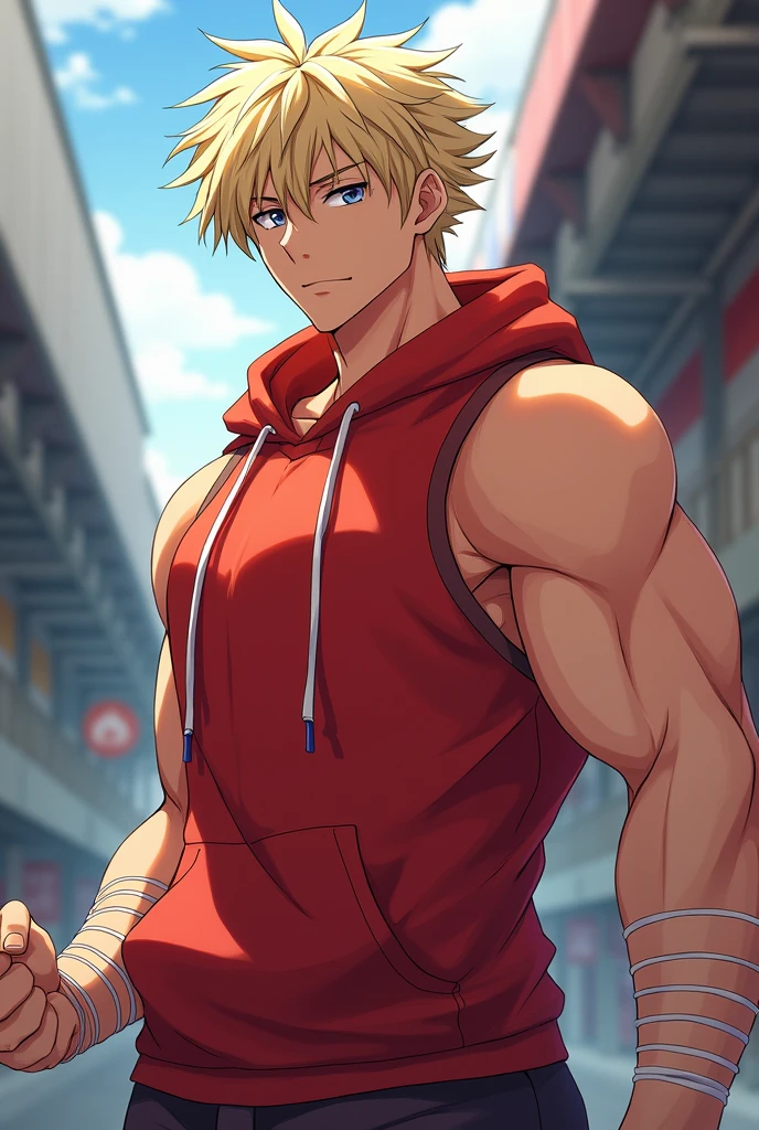 Male anime character with an athletic physique wearing a red sleeveless hoodie with a hood. His arms have thin white stripes that wrap around both forearms and palms, leaving only his fingers exposed. He wears black cargo pants. He has light blonde, slightly long hair with thin, light strands and a quiff that falls back, with an important detail for the character - a fringe that falls slightly over his face, parted in the center. His dominant side is the left side of the fringe, with more strands and longer hair, while the right side has shorter strands. Almost perfect.