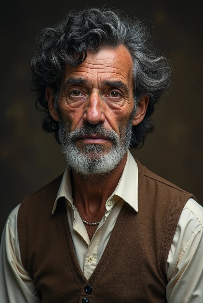 man descended from both Intis and Feynapotter blood, possessed curly black hair that had started to show signs of age, dark brown eyes, and skin darkened by the sun. Though once known for his refined demeanor, time had etched its mark on his face, leaving behind a mane of mottled white hair and prominent wrinkles.
Dressed in a crisp white shirt and a brown vest