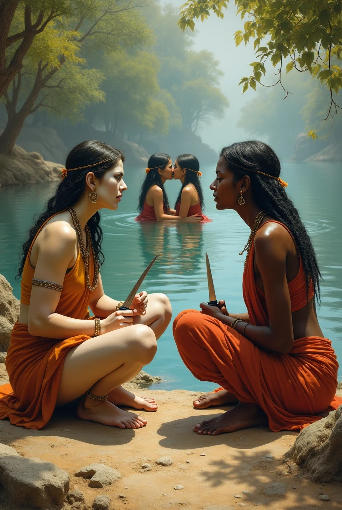 Pale white skinned North Indian slave woman with dark skinned daughter, and dark skinned south indian slave woman with pale white skinned daughter, gupta era, both have a similar build, both are sitting in lotus pose beside a lake, threaten eachother with divorce while their daughters are in the distance kissing in the lake